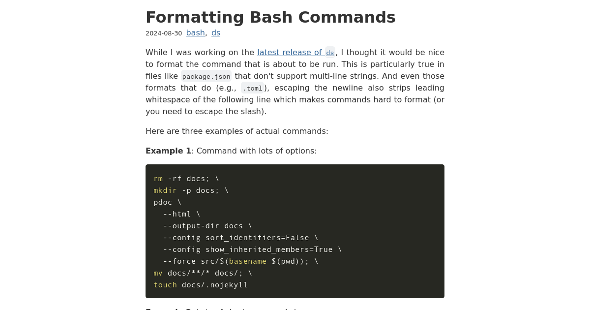 Formatting Bash Commands