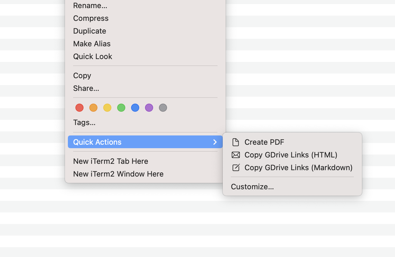 Finder context menu showing copying Google Drive URLs