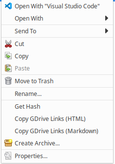 Thunar context menu showing copying Google Drive URLs