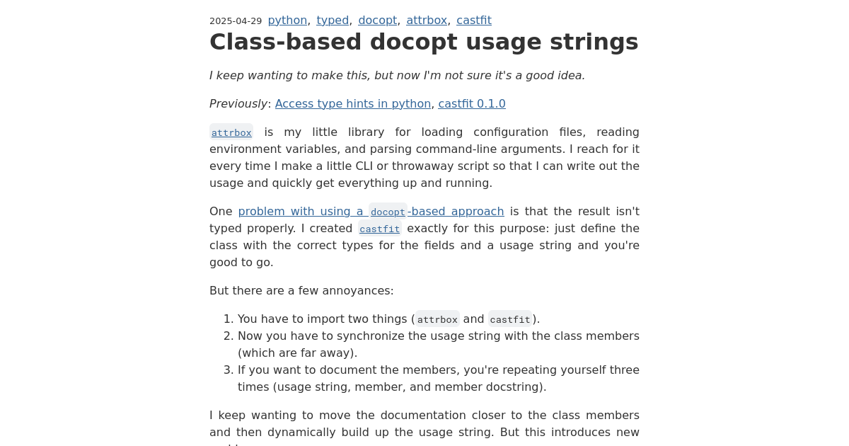Class-based docopt usage strings