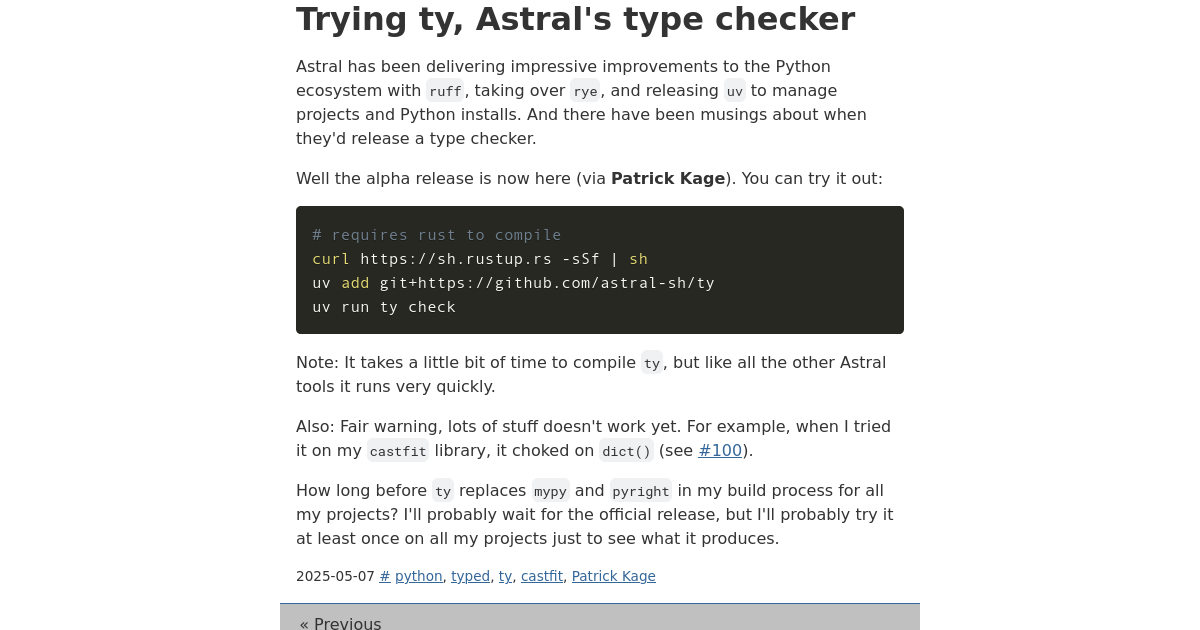 Trying ty, Astral's type checker