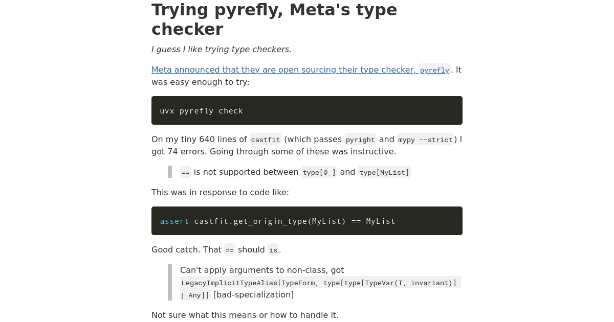 Trying pyrefly, Meta's type checker